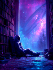 An astronaut sits against a bookshelf in a cosmic library. The background features a vibrant galaxy with a prominent ringed planet.