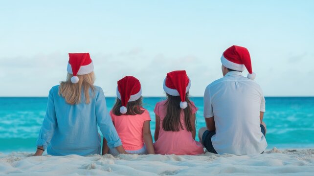 Family in santa hats sitting on the beach during christmas vacation - Powered by Adobe