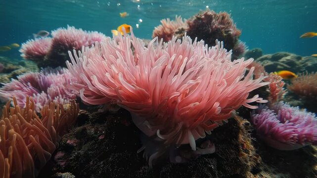 Vibrant underwater sea anemone with fish and coral reef