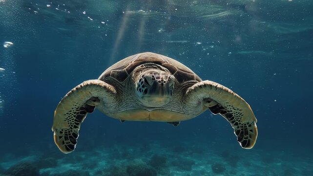 A turtle swims gracefully through the water