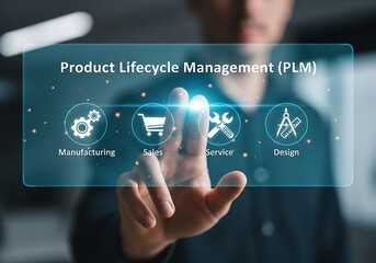 A person is touching a digital screen displaying the concept of product lifecycle management plm, which includes manufacturing, sales, service, and design for business process optimization