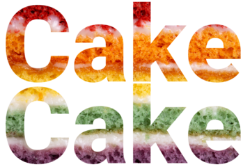 Typography design “Cake” filled with colorful layered dessert texture, PNG isolated.