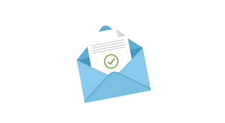 Email confirmation with approved document and green checkmark symbol