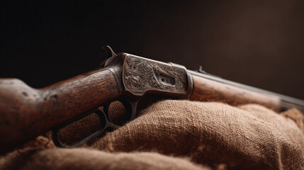 Ornate rifle resting on burlap. Evokes history, frontier spirit,  heritage. Ideal for western themes, historical fiction, or discussions of freedom  responsibility.