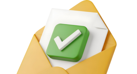 Successful email confirmation with green checkmark inside yellow envelope
