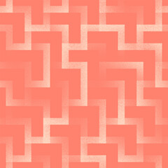 Complex coral chevron seamless pattern vector graphic grainy texture halftone abstract background. Tangled linear geometry in vivid hues with detailed stipple noise structure modish classy abstraction