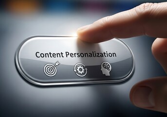 Finger pressing 'Content Personalization' button with icons for targeting, processes, and intelligence on a dark, blurred background.