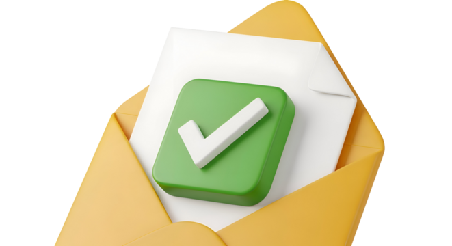 Successful email confirmation with green checkmark inside yellow envelope