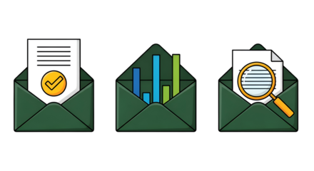 Business data analysis and success icons in envelopes for reports