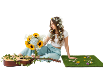 Person with Flower Bouquet and Decorated Guitar on White Background