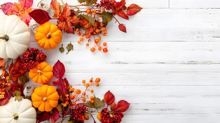Stock-photo-contest winner, top-view flat-lay: vibrant fall leaves and orange pumpkins scatter along edges of white-washed wooden boards, vast copy-space center perfect for banner, poster or seasonal 