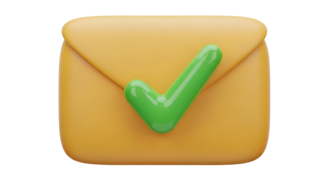 Orange envelope with a vibrant green checkmark signifies successful communication and task completion.