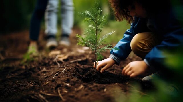 A child plants a sapling in rich soil, captured at a low angle. The video emphasizes growth and environmental care in a natural setting.