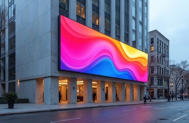 Large led screen on modern building facade displays vibrant abstract colors. Urban street with pedestrians walks by commercial advertising panel. Building facade displays bright digital ad.