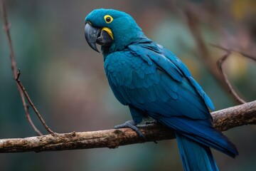 Hyacinth macaw perching on branch in nature
