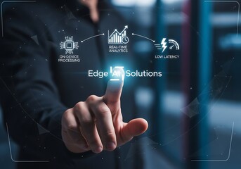 A businessman is selecting edge ai solutions on a virtual interface, emphasizing the convergence of edge computing and artificial intelligence for advanced applications and efficiency