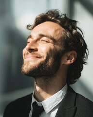 Businessman smiling widely with happiness and confidence after achieving success.