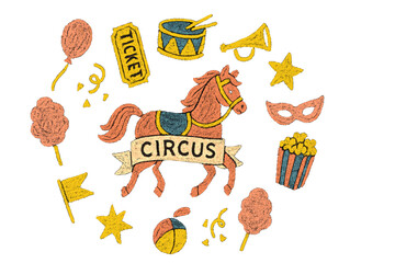 Colorful circus elements featuring a horse, ticket, cotton candy, and more in a playful design © PAPA STOCK