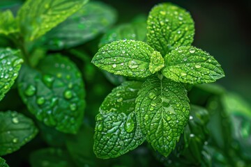 Fresh mint leaves glistening with dew drops a vibrant green herb garden natural beauty freshness