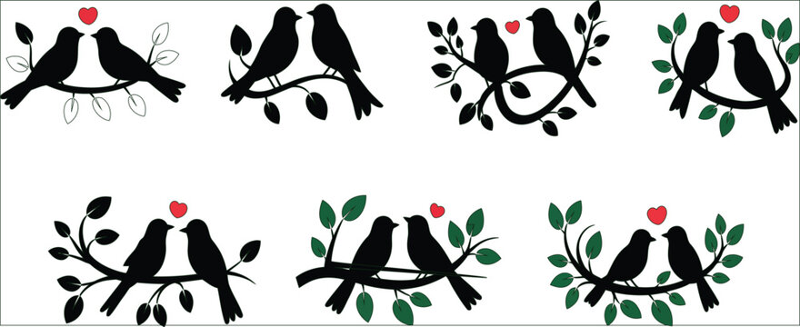 Two birds on branch loving each other, beautiful love bird silhouette set, romantic couple symbol of unity and affection, vector illustration for greeting cards, nature romance concepts, wedding desig