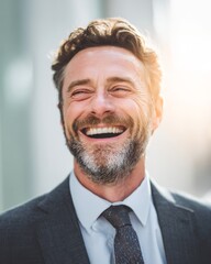 Businessman smiling widely with happiness and confidence after achieving success.
