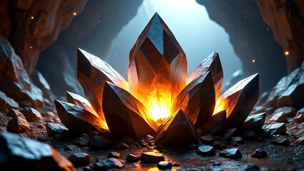 Dramatic Crystal Formation in Dark Cave with Glowing Light, Ideal for Corporate Branding, Marketing Campaigns, and Website Hero Images with Copy Space for Text