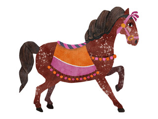 Cute decorative horse illustration in warm colors. Hand-drawn watercolor style perfect for Christmas Nutcracker scenes, kids decor, prints, patterns, cards, and festive designs.