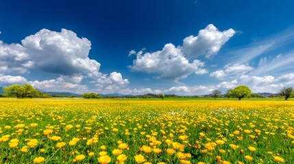 Fototapeta premium Yellow buttercup flower meadow under a vibrant blue sky with cumulus clouds and green trees in a spring landscape