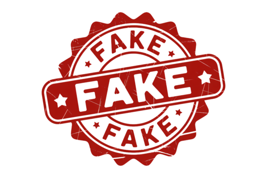 Red distressed 'FAKE' stamp graphic for authenticity warning
