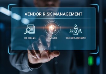 A professional selecting vendor risk management on a digital interface, showcasing due diligence, compliance, and thirdparty assessments for business security