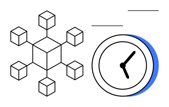 Cubic network structure and clock with simple accents. Ideal for technology, efficiency, data flow, time management, blockchain, innovation, workflow. Simple flat metaphor