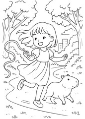 coloring book girl skipping happily with capybara