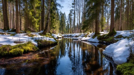 Forest stream flowing through melting snow and vibrant green moss, springtime nature scene in northern europe