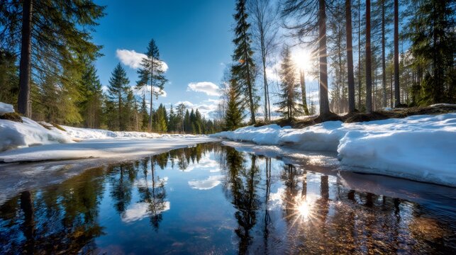 Forest stream reflecting bright sunshine and blue sky during spring thaw, snow melting on banks