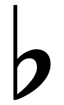 Black flat symbol icon in vector style, simple musical flat sign used in notation for lowering pitch by a semitone, PNG with transparent background