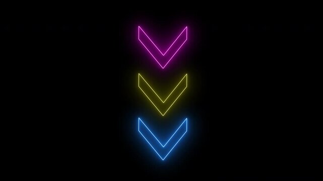 Animated squirrel arrow Three neon chevron arrows in magenta, yellow, and blue glow vertically downward against a black background, creating a vibrant futuristic motion effect.