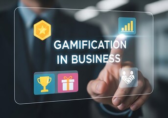 Businessman touching a virtual screen with a gamification in business concept, showing reward, challenge, competition, feedback, and engagement to increase motivation and performance