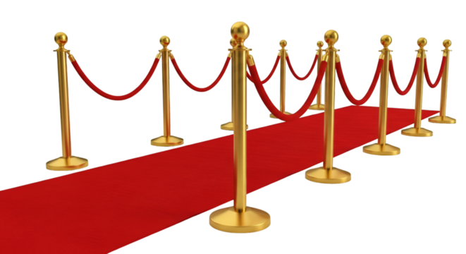 Red Carpet with Gold Stanchions and Red Ropes on Black Background - Powered by Adobe