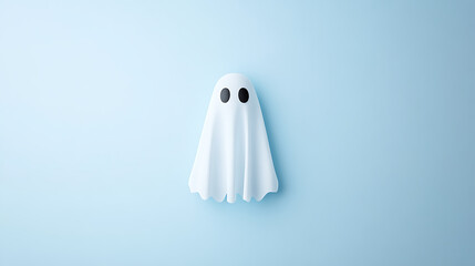 A minimalist portrayal of a spectral figure, a ghost shrouded in white. Its enigmatic presence evokes mystery against a calming pastel backdrop, perfect for Halloween.
