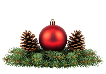 Christmas Composition with Red Ornament, Pinecones, and Evergreen Branches