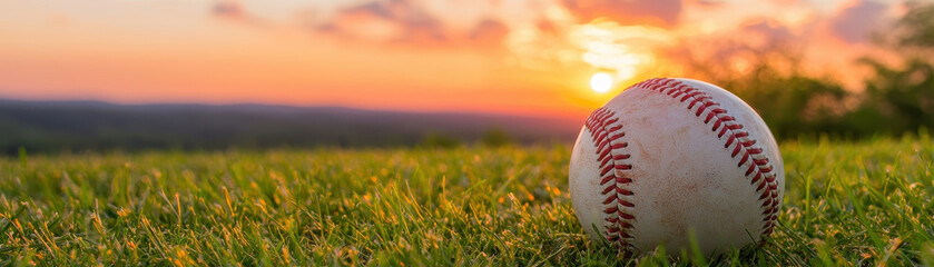 Baseball rests on grassy hill, illuminated by beautiful sunset, creating serene and nostalgic atmosphere