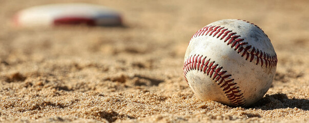 Baseball ball rests on sandy baseball diamond, surrounded by bases, evoking sense of nostalgia and excitement for game