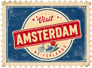 Amsterdam Vintage Stamp Design Featuring Bicycle, Tulip, and Retro Travel Emblem