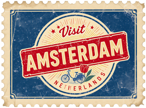 Amsterdam Vintage Stamp Design Featuring Bicycle, Tulip, and Retro Travel Emblem - Powered by Adobe
