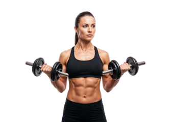 Fit Woman Lifting Dumbbells on White Background