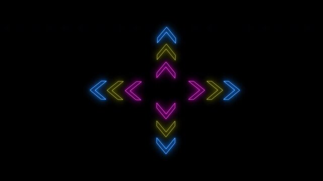 Animated squirrel arrow Neon arrows in blue, yellow, and magenta form a glowing cross shape on a black background, symbolizing multidirectional movement with a futuristic and digital aesthetic.