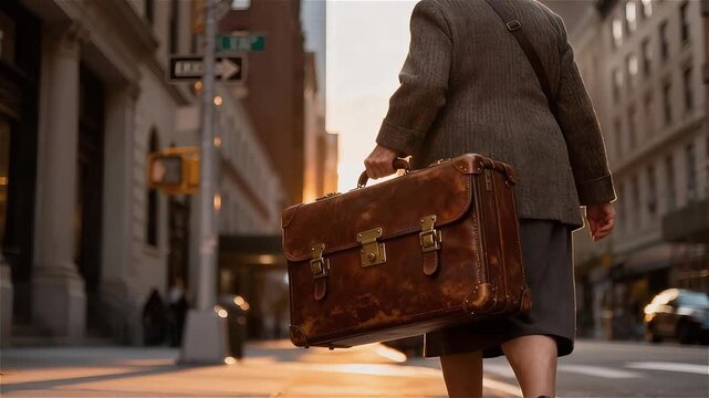 Anciana con su maleta antigua caminando por una calle al atardecer