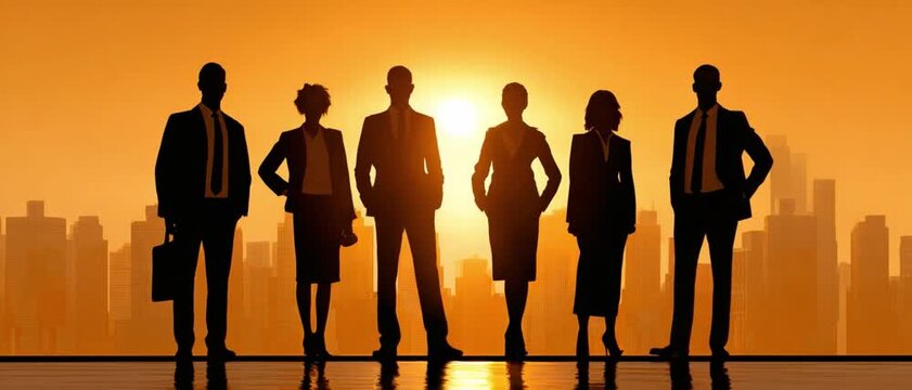 Silhouette of Professionals at Dusk: A determined group of individuals stand united against the backdrop of an urban skyline, their silhouettes etched by the warm hues of the setting sun.