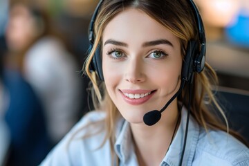Young woman smiling while working in a call center