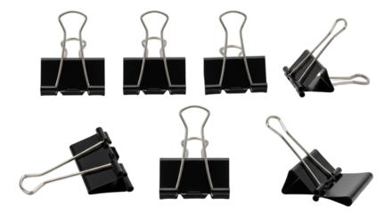 Six Black Binder Clips in Various Poses paper clip